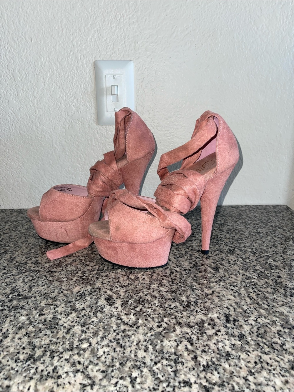 Pleaser Pink Suede Platform Stiletto Heels with Wrap Ties